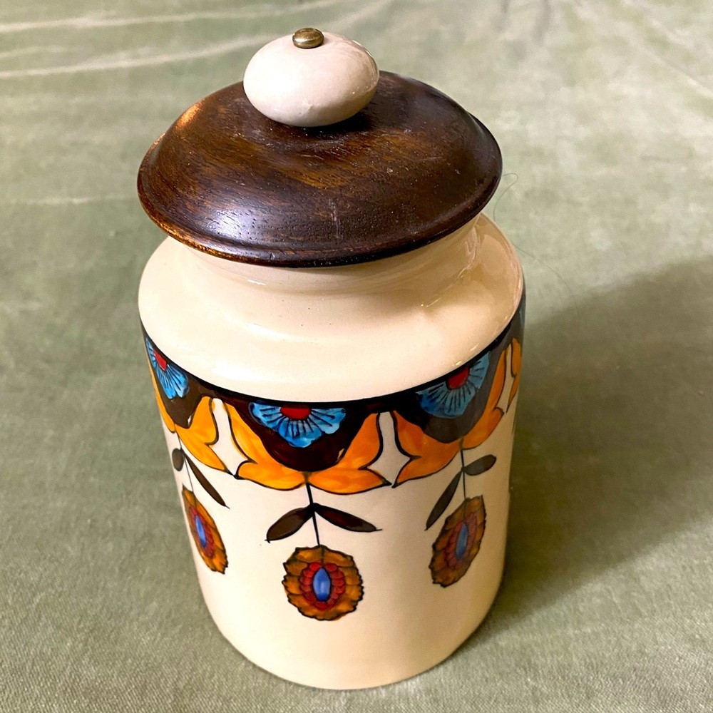 Vintage Pier 1 Imports Floral Ceramic Jar with Wooden Lid OSK